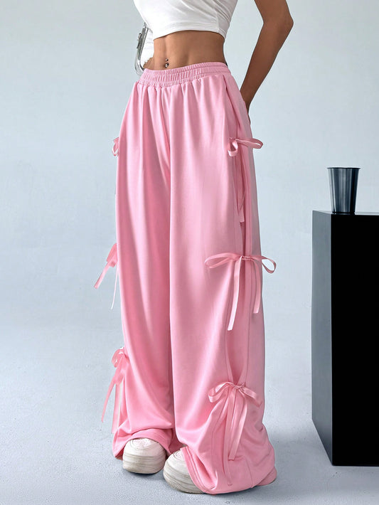 Sweet And Lovely Pink Bow Detail Knot Tie Waist Sweatpants For Spring And Summer