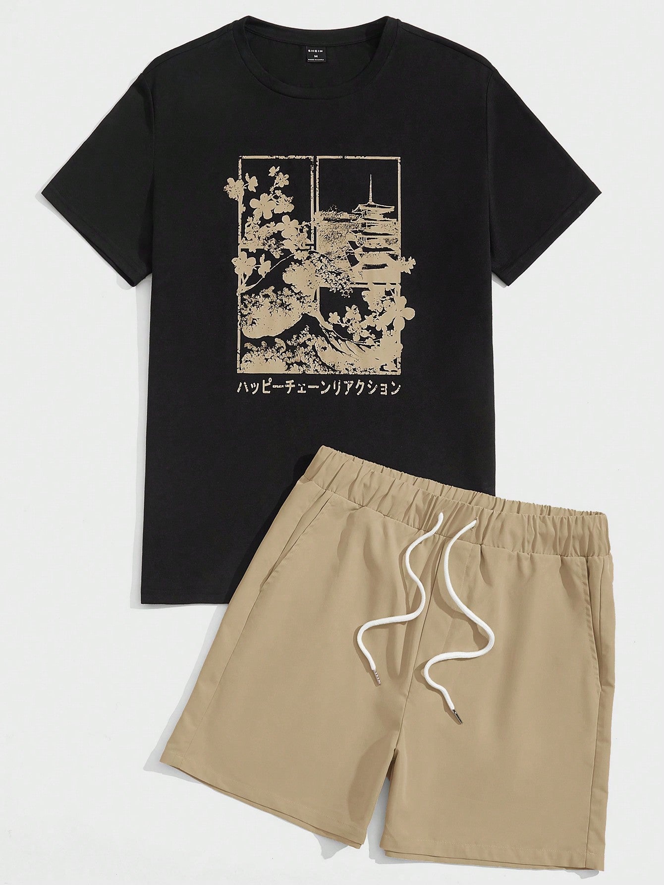 Men Japanese Letter & Floral Print Tee & Drawstring Waist Shorts