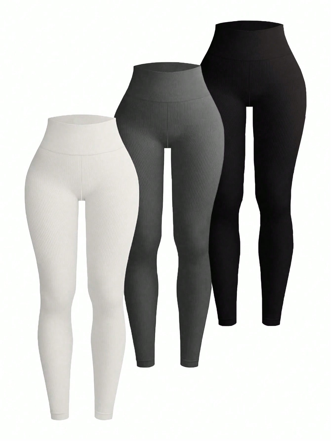 Plus Size Solid Color Wide Waistband Casual Leggings Set Of 3