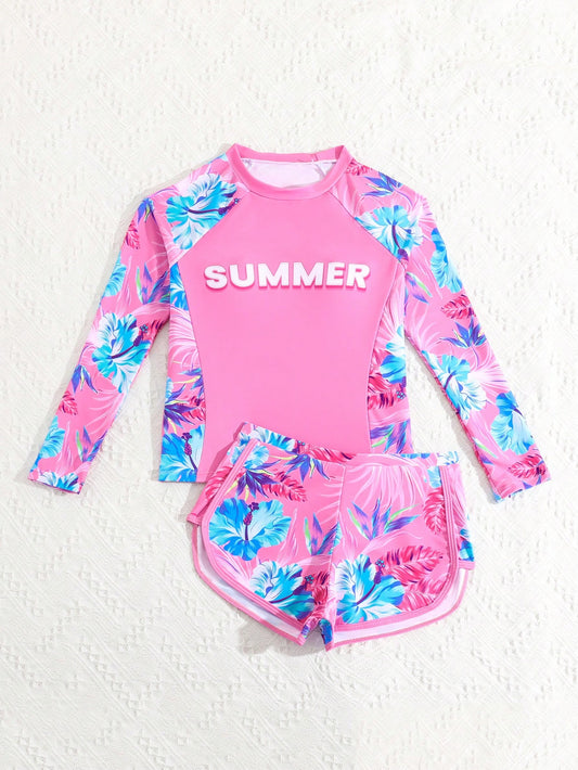 Tween Girl Colorful Printed And Lettered Two Pieces Swimsuit