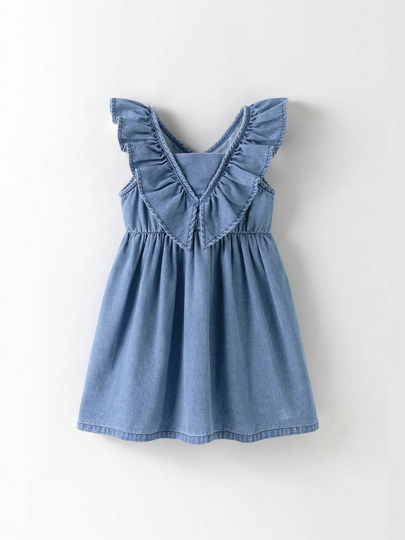 Young Girls' Sleeveless Casual Denim Dress With Ruffled Hem For Everyday Wear