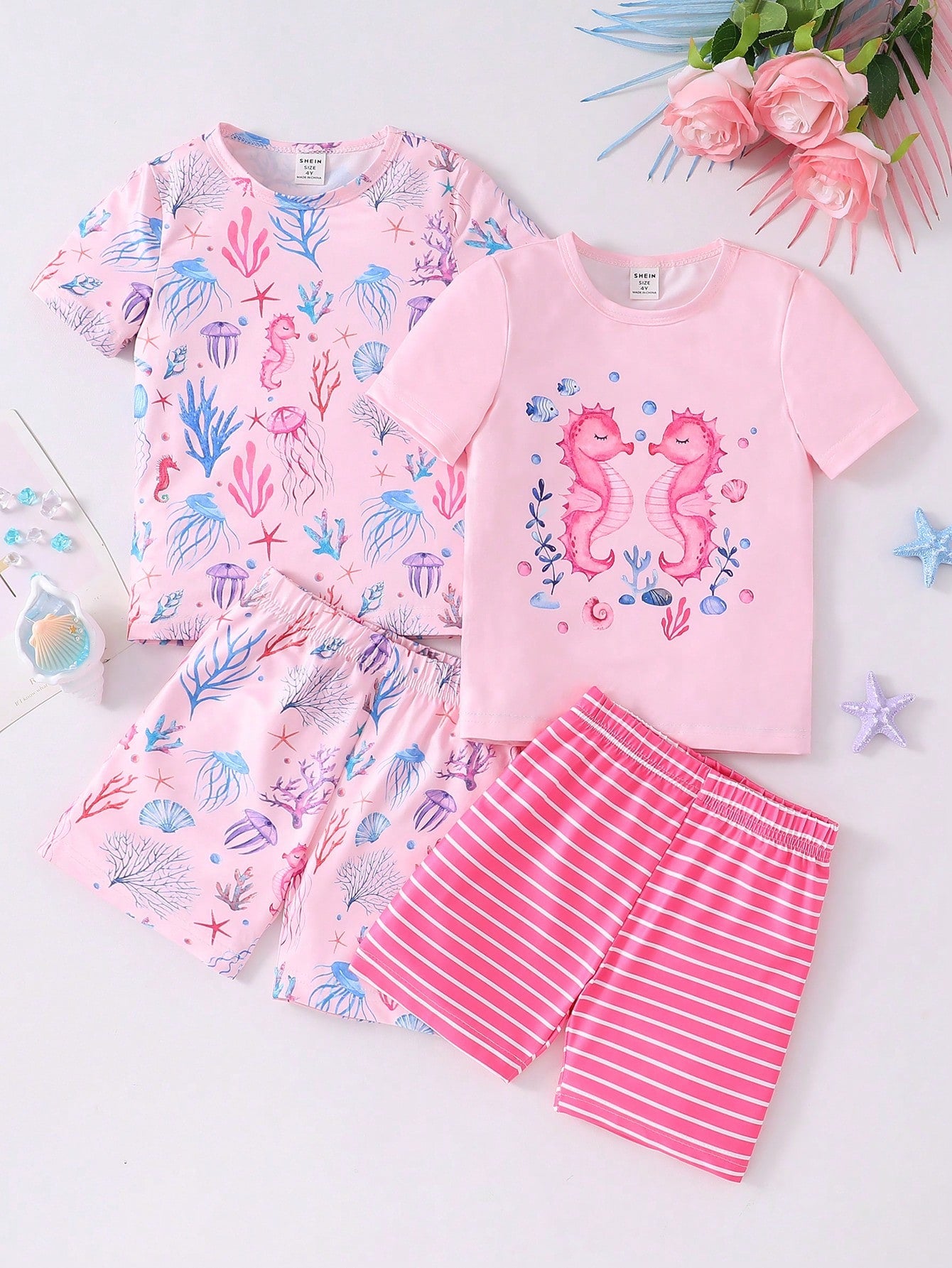 Young Girl Ocean Animal Print Round Neck Tight T-Shirt And Shorts 4-Piece Home Clothes Set