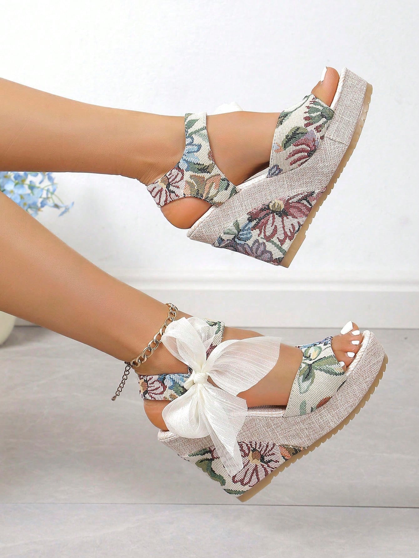 European Women Wedge Heel Platform Sandals With Ribbon Wrap 2024 New Spring And Summer Outdoor Casual Wearable One-Piece Strap Sandals Model Stage Sexy High Heels Mixed Color Flower Beach Comfortable Peep Toe Shoes