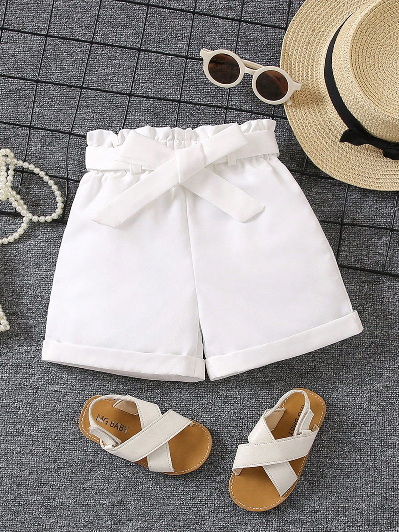 Young Girl Paperbag Waist Roll Up Hem Belted Shorts