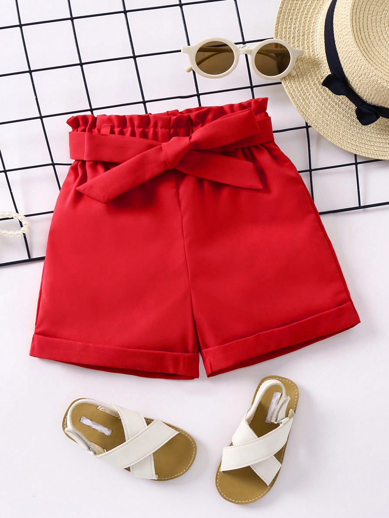 Young Girl Paperbag Waist Roll Up Hem Belted Shorts