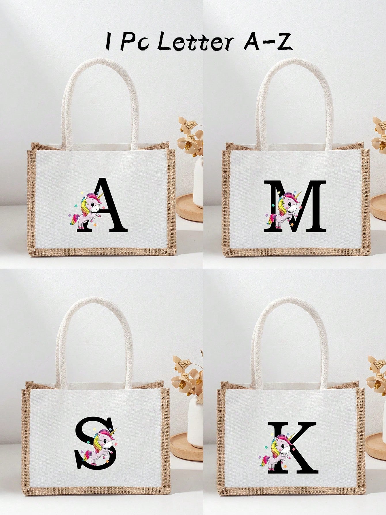 1 Pc Big Kids Design Letter Printed Linen Tote Bag, Personalized Gift Bag, Lightweight, Portable, Letter Floral Pattern Natural Elements Linen High Capacity Tote Bag, Graduation Gift, Beach Holiday Fashion Tote Bag, Suitable For Wedding, Birthday, Beach,