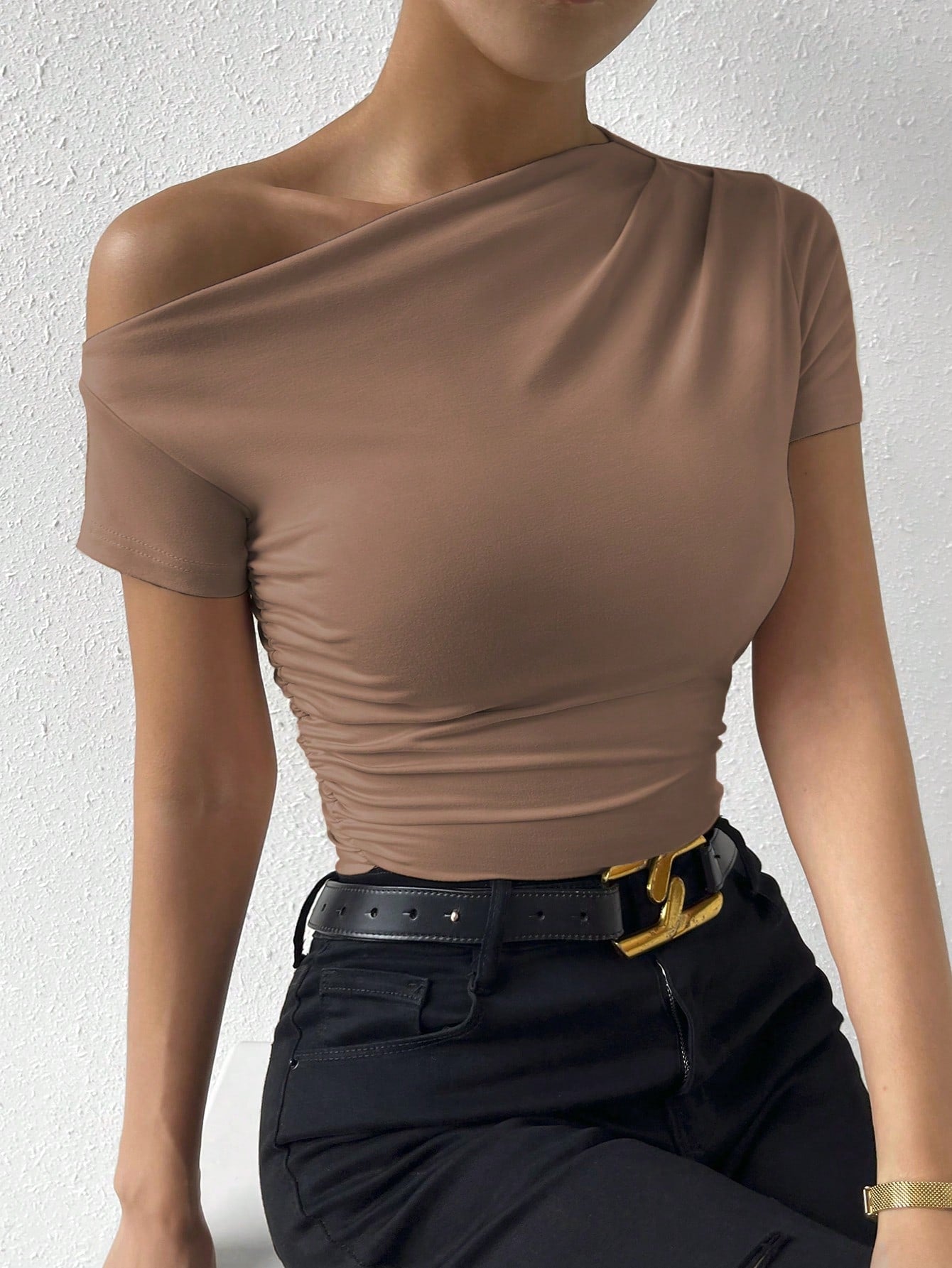 Raffinéa Solid Ruched Asymmetrical Neck Tee