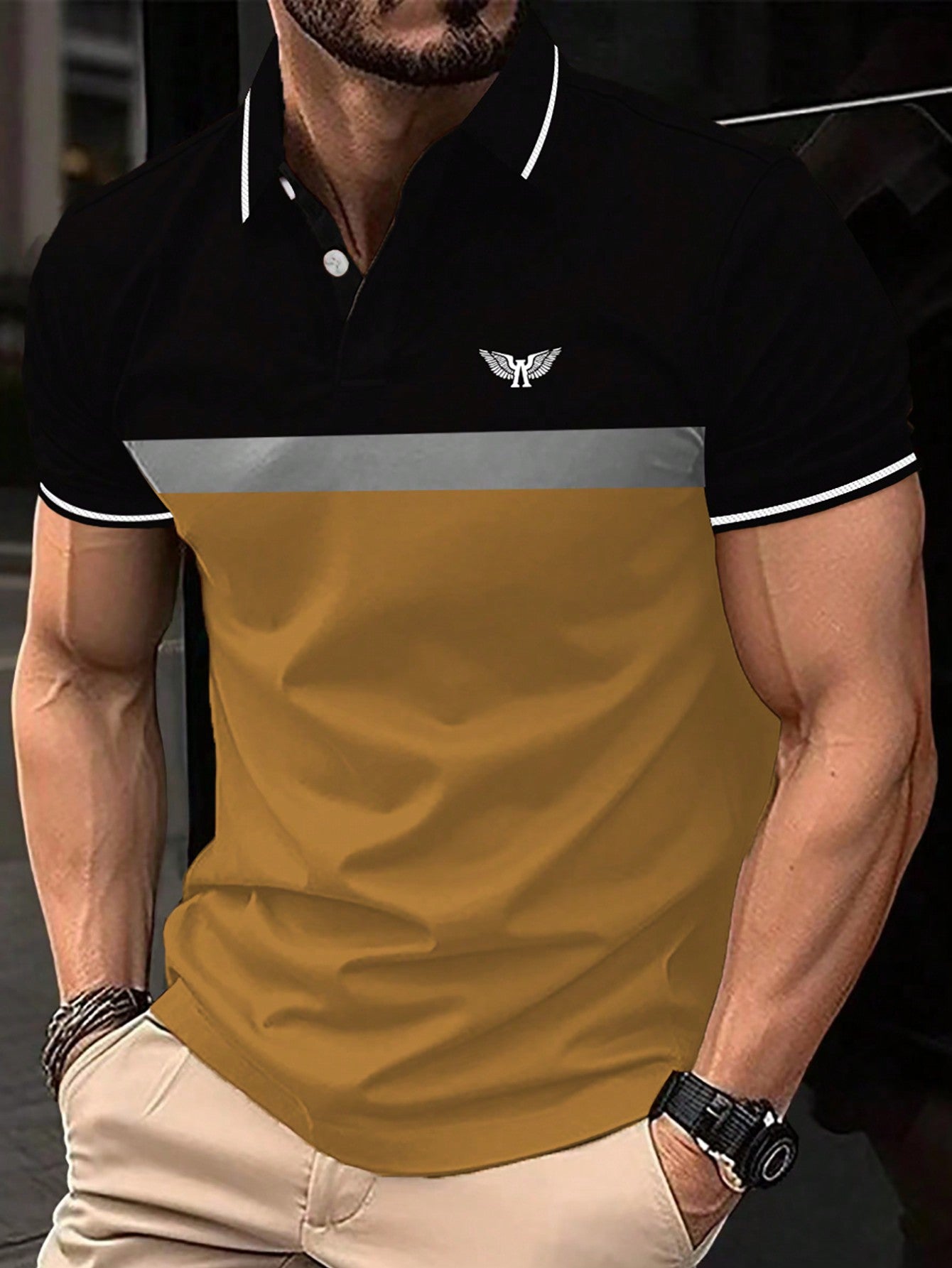 Men's Wing Print Colorblock Polo Shirt