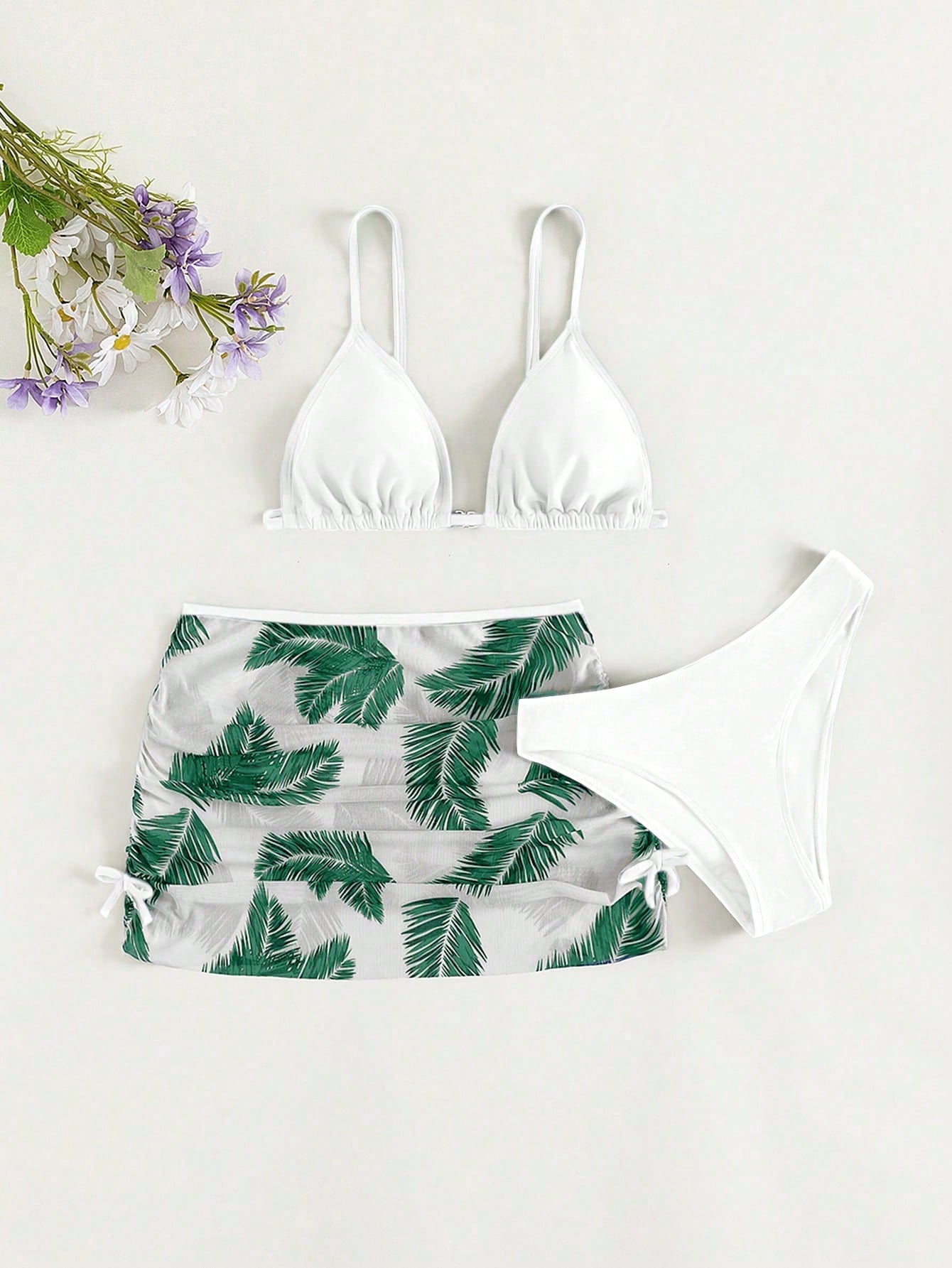 Teen Girl 3-Piece Set Spaghetti Straps Triangle Palm Leaf Print Bikini Set Summer Beach