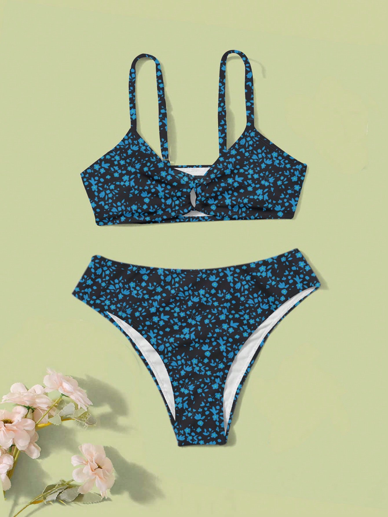 Teen Girls' Floral And Print Hollow Out Detail Bikini Set 2 Pieces