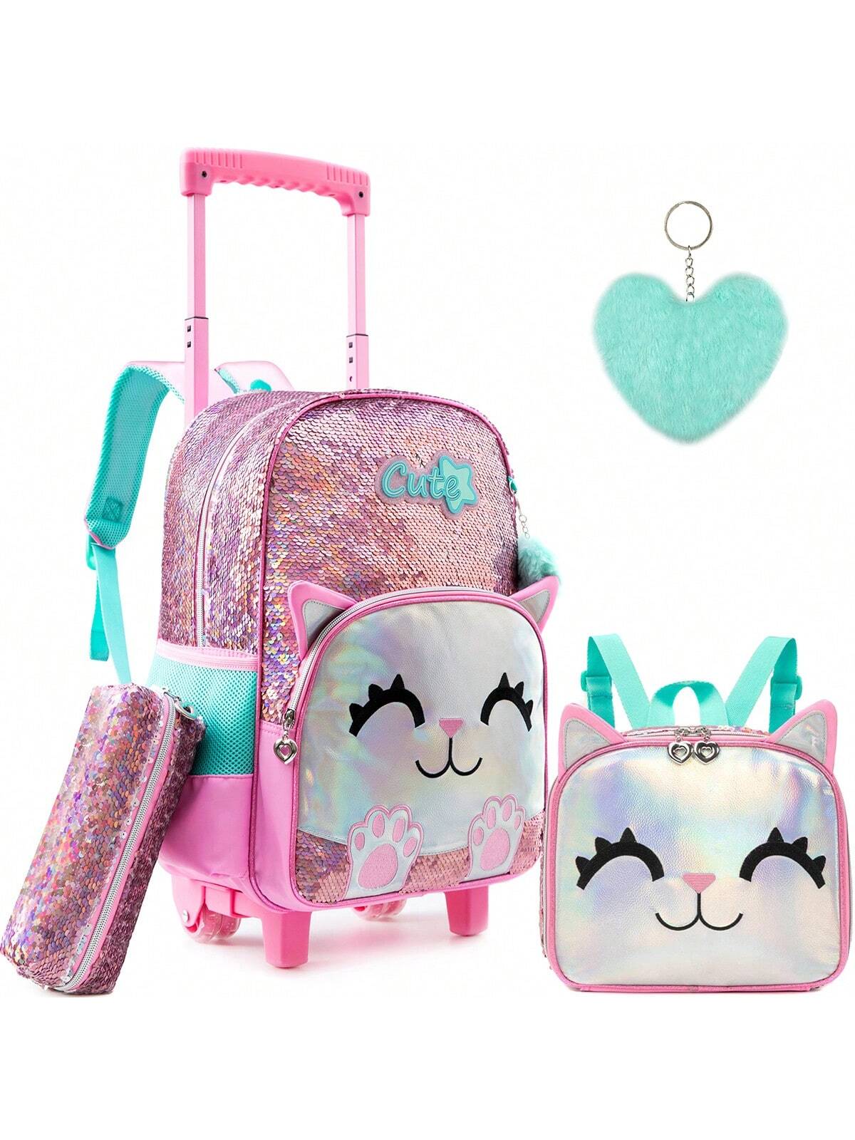 Rolling Backpack For Girls Multi Pocket Mermaid Leather Trolley Bag Girls Back To School Rolling Bag With Dining Bag Pencil Bag