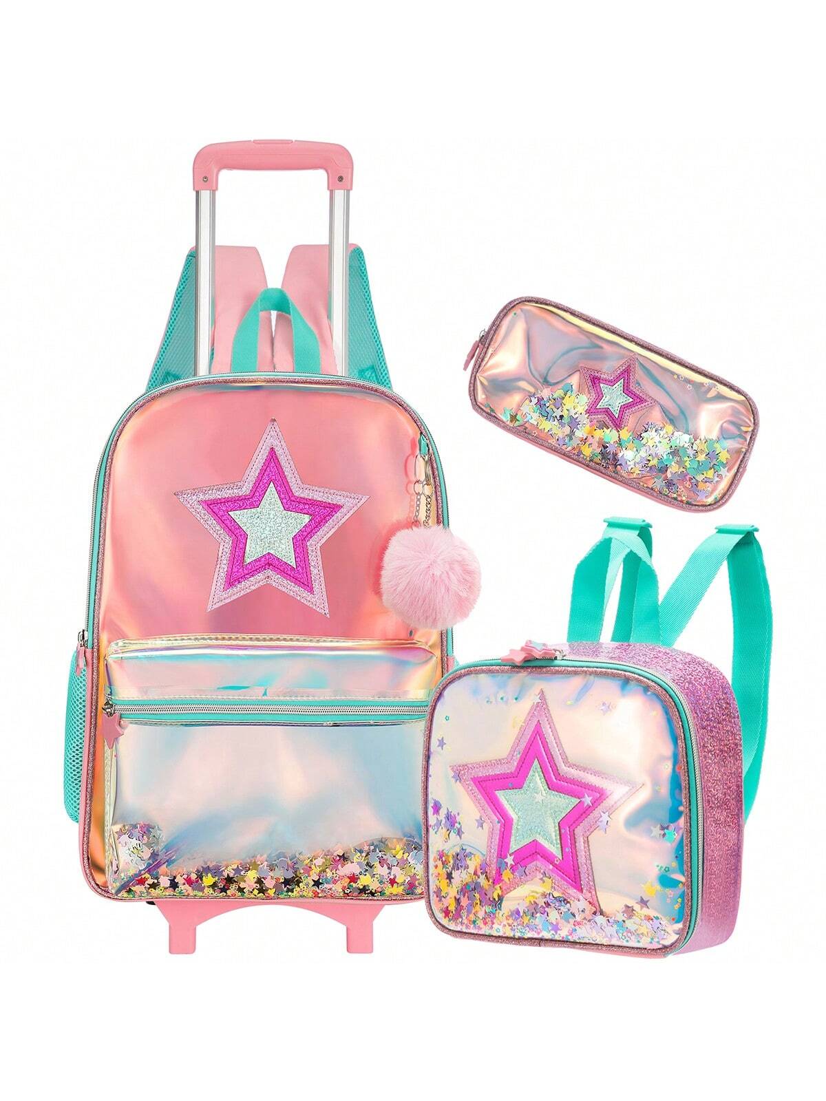 Rolling Backpack For Girls Multi Pocket Mermaid Leather Trolley Bag Girls Back To School Rolling Bag With Dining Bag Pencil Bag