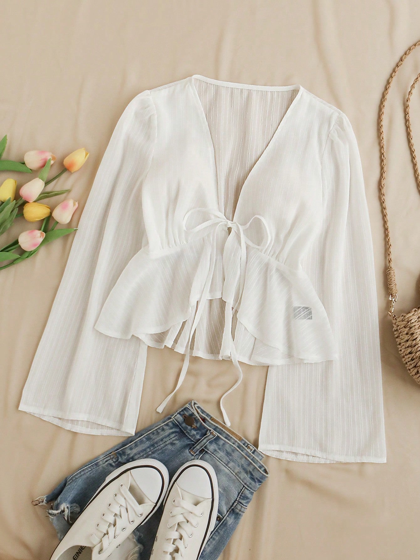 V-Neckline Ruffled Hem Tie-Front Bell-Sleeve Romantic Long Sleeve Shirt, Perfect For Vacation And Casual Wear