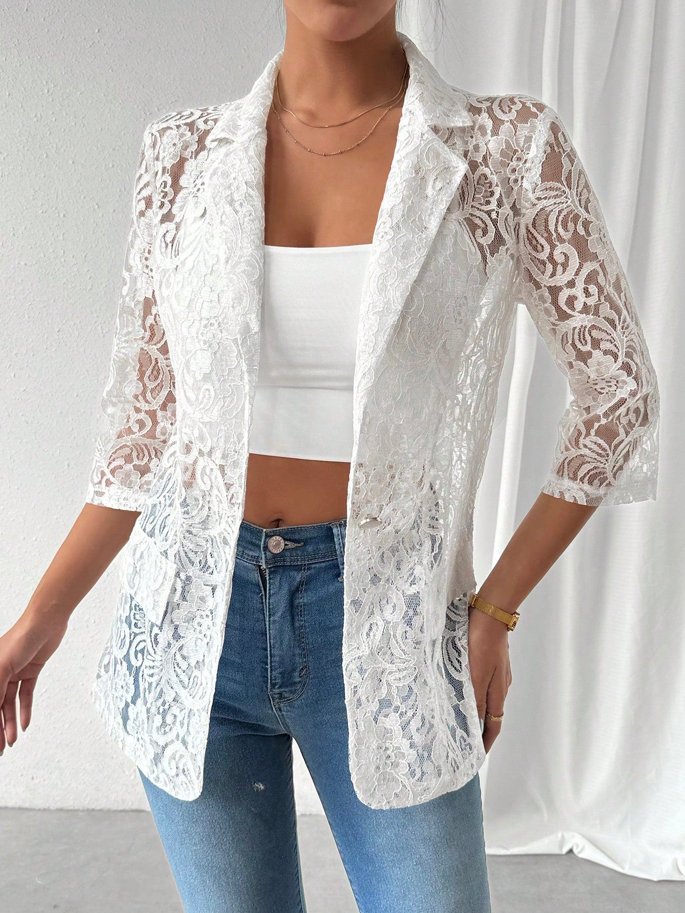 Women Spring/Summer Notched Collar Lace See-Through Blazer Jacket With 3/4 Sleeves