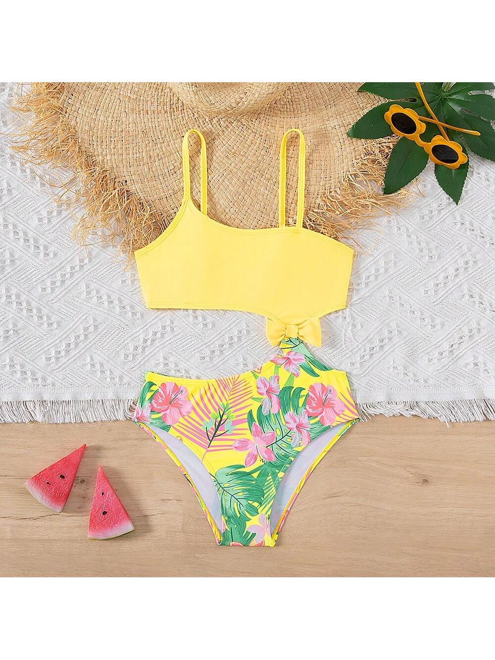 Tween Girl's Cute Tropical Plant Printed Halterneck Cutout One Piece Swimsuit