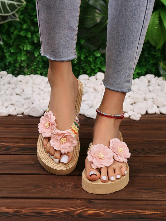 1pair Sweet Summer Girls' Style Straw Weaving Wedge Sandals With Colored Flower Decor, Thick Bottom Platform Slippers For Indoor And Outdoor