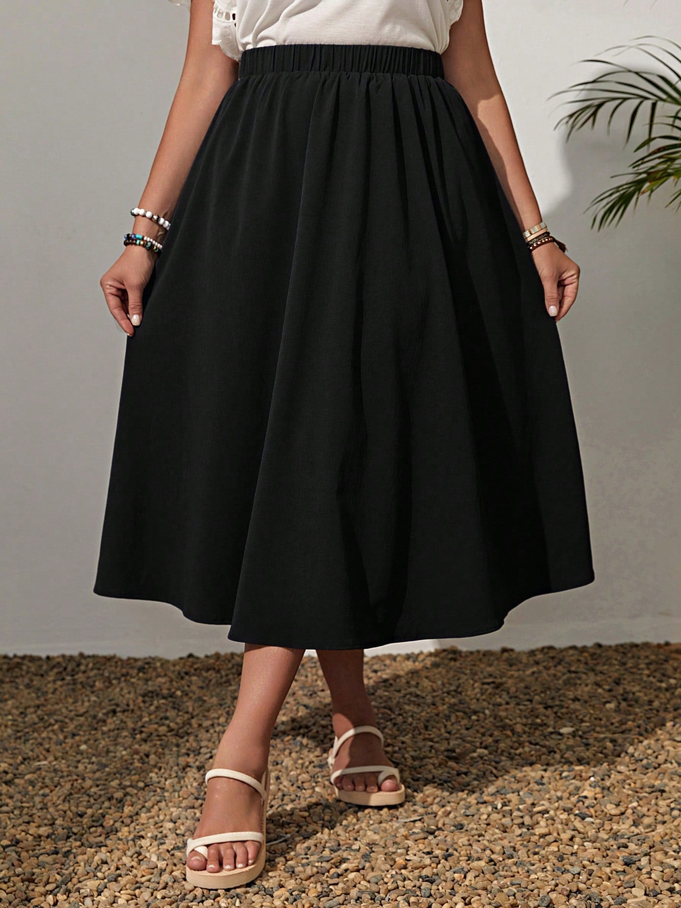 Plus Size Solid Color Elastic Waist Swing Loose Summer Fashion All-Match Skirt