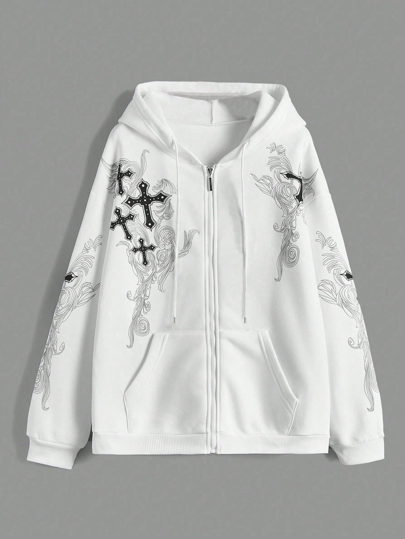 Punk Cross Print Zip Up Drawstring Thermal Lined Hoodie