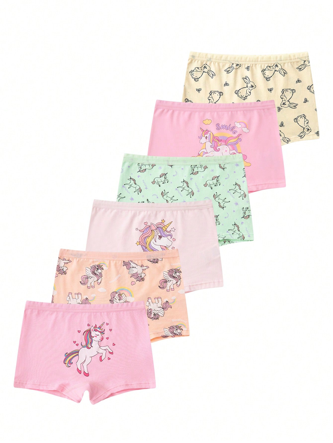 Young Girl Pack Of 6 Solid Macaron Colored Panties With Unicorn And Rabbit Print