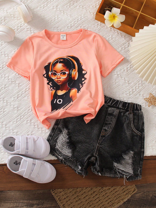 Young Girl Summer Cartoon Girl Printed Round Neck Short Sleeve T-Shirt And Ripped Shorts Casual Twopiece Set