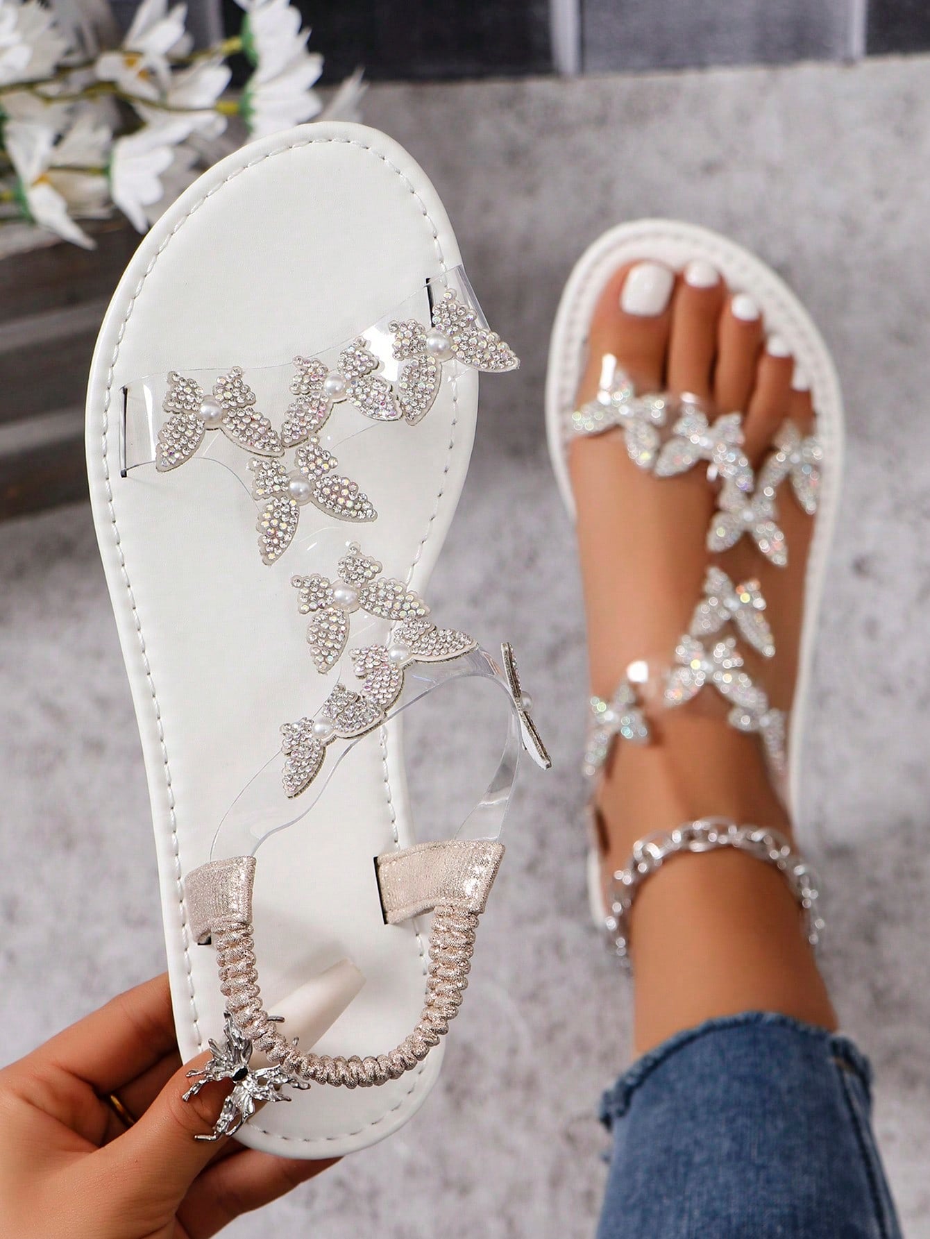 Summer Bowknot & Rhinestone Elegant Flat High Heel Peep Toe Sandals & Slippers For Women, Bohemian Party Shoes