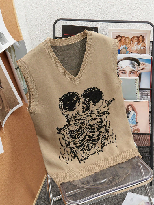 Men Skull Pattern Distressed Sweater Vest Halloween Halloween