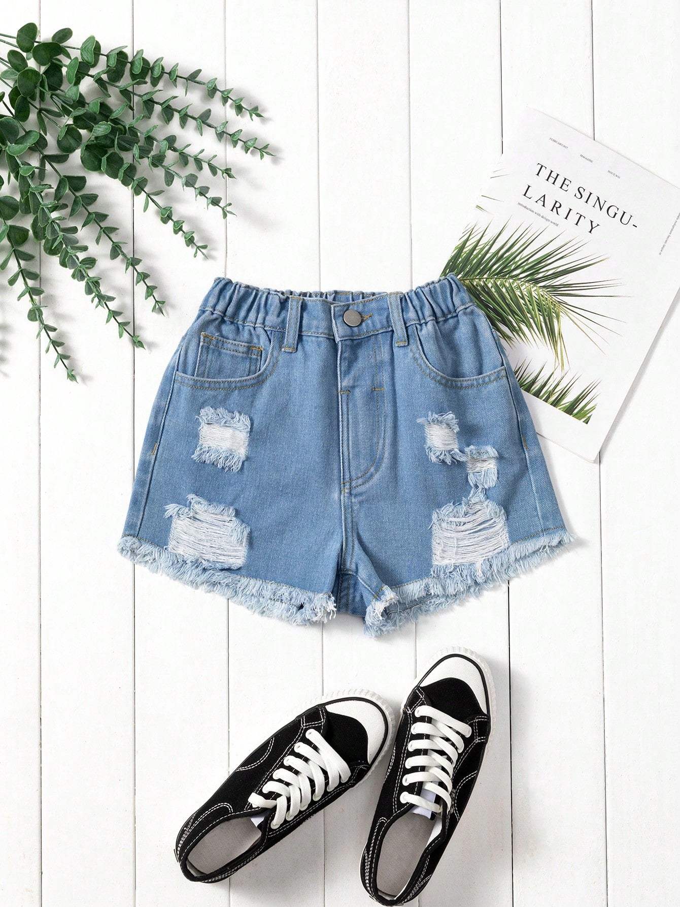 Tween Girl Daily Boho Casual Ripped Raw Hem Elastic Waist Denim Shorts