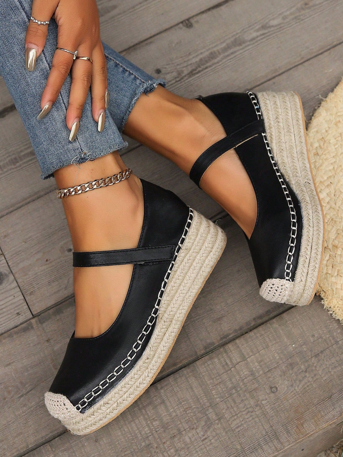 Women's Fashionable Rope Sole Self-Adhesive Ankle Strap Wedge & Thick Sole Shoes