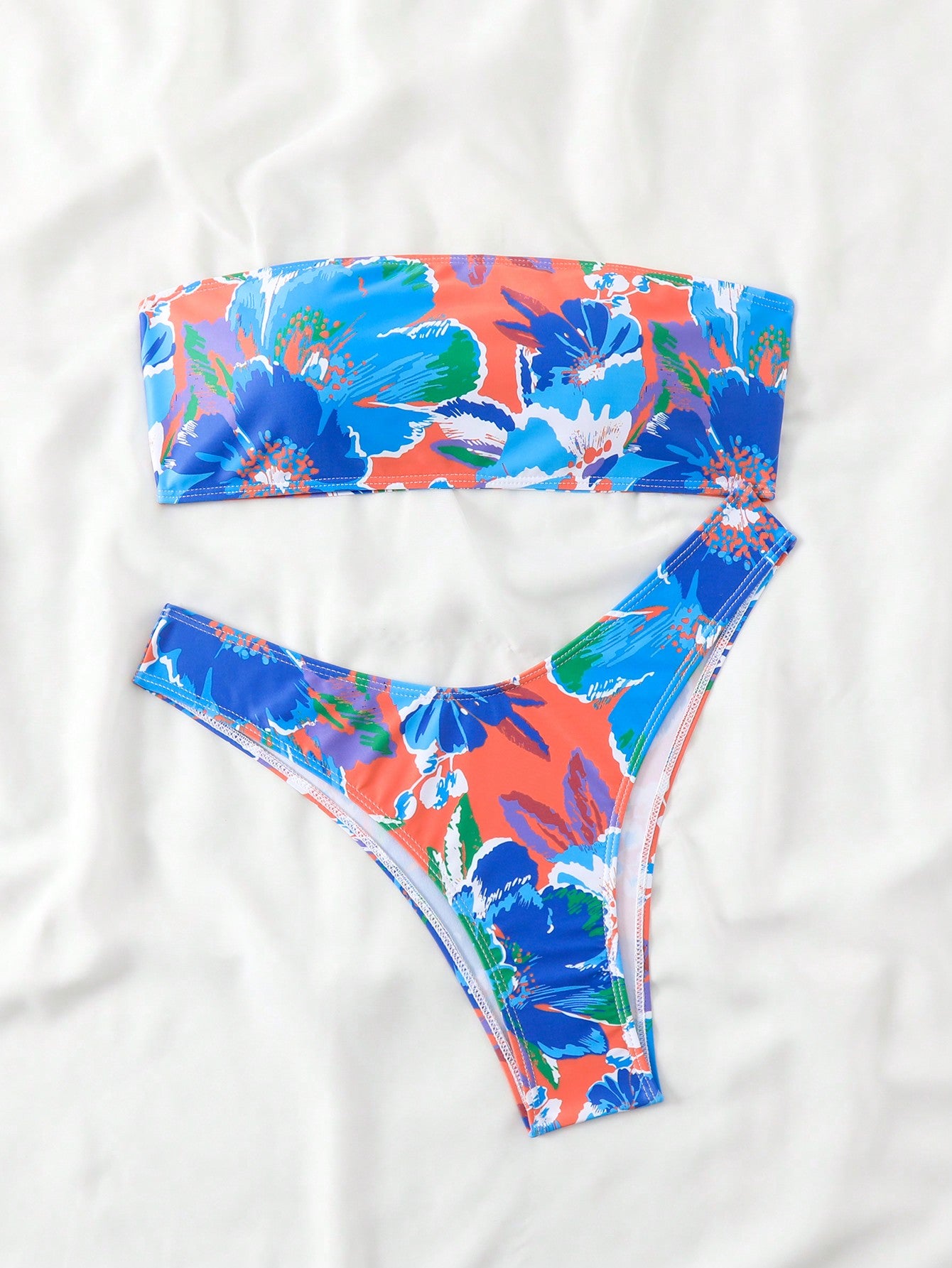 Swim Summer Beach Floral Print Bandeau Bikini Set