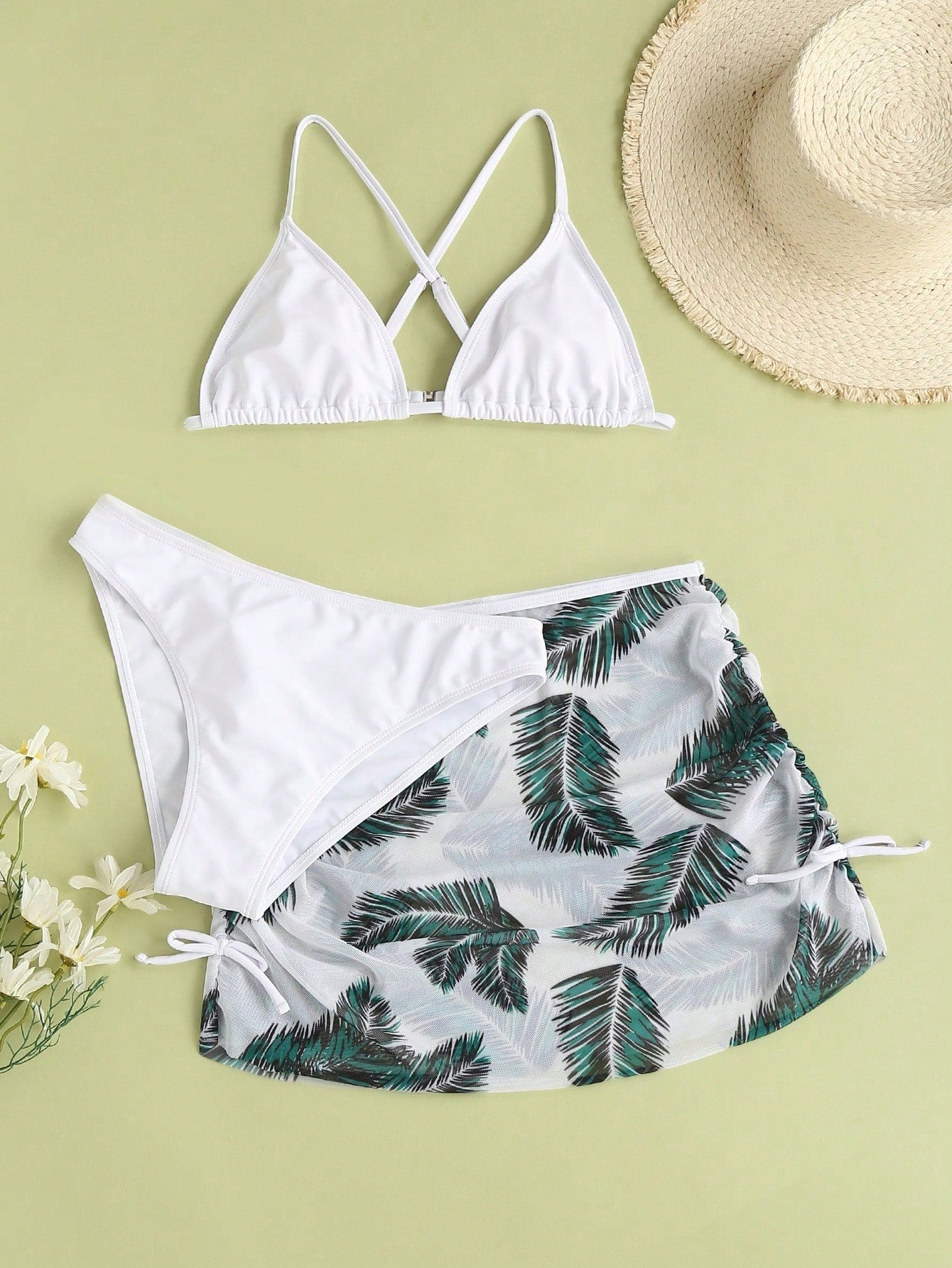 Teen Girl 3-Piece Set Spaghetti Straps Triangle Palm Leaf Print Bikini Set Summer Beach