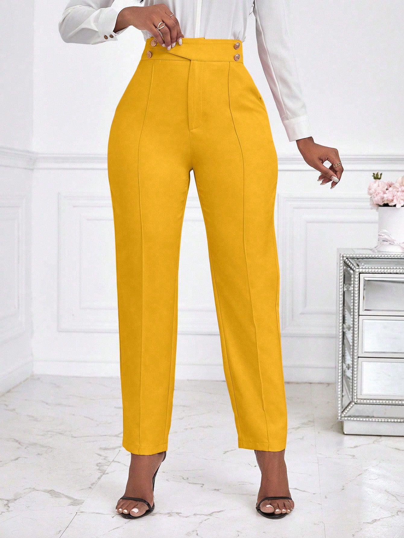 Lady Women Solid Color High Waist Casual Tapered Suit Pants