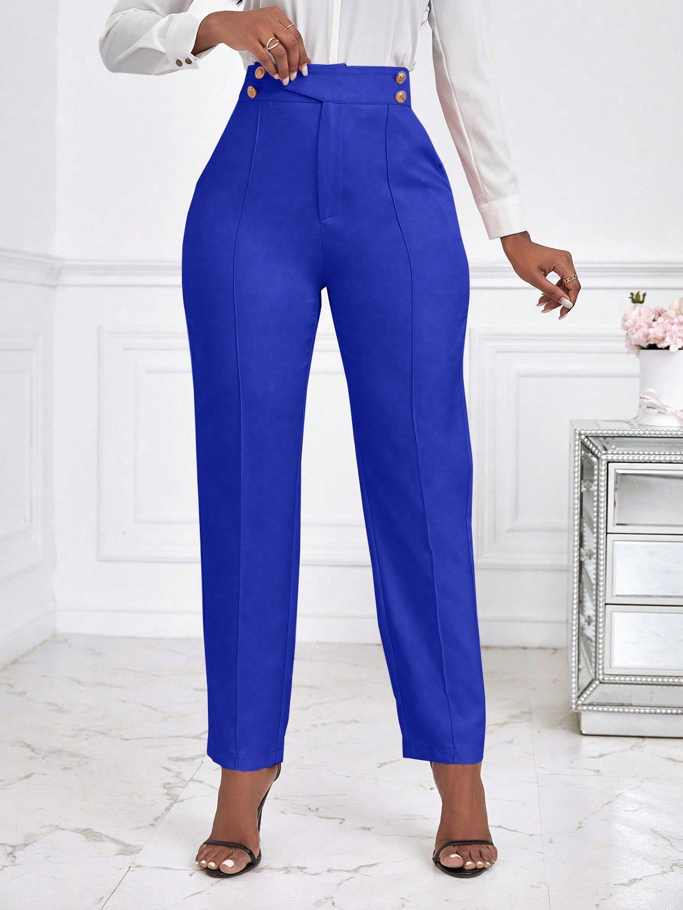 Lady Women Solid Color High Waist Casual Tapered Suit Pants