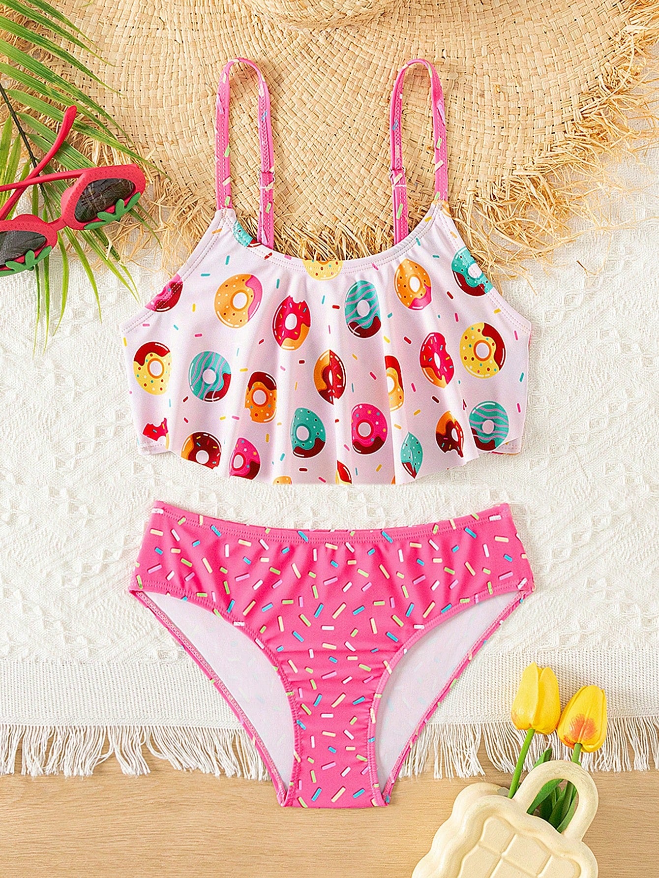 Tween Girl 2pcs Cute Donut Digital Print Flounce Decorated Separated Swimsuit , Fashionable Beachwear For Pool Party, 8-11 Years Old