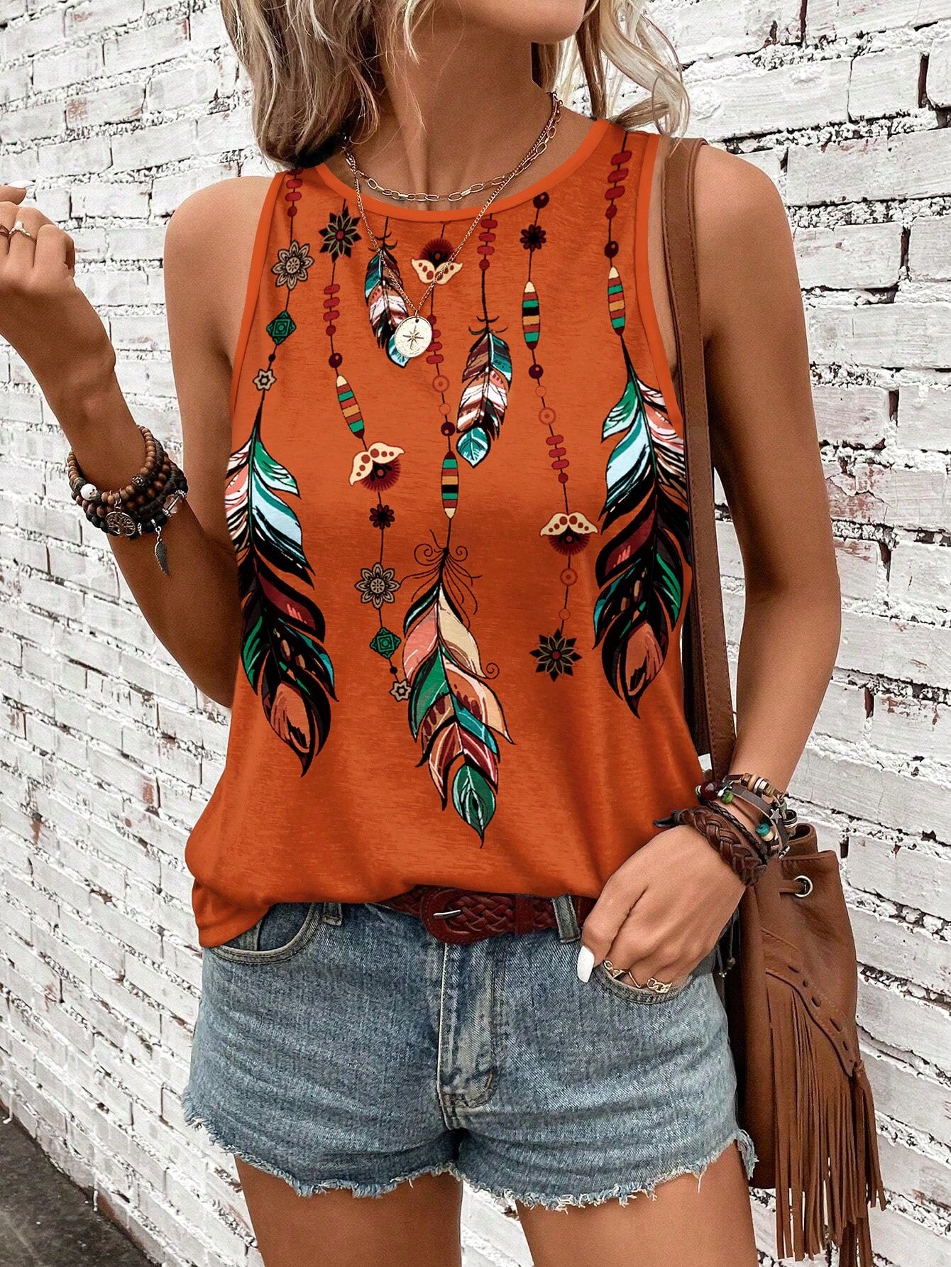 Women's Vacation Casual Feather Printed Jumpsuit