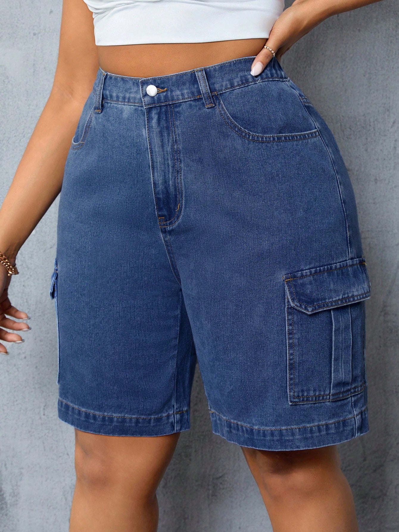 Plus Size Denim Shorts With Pockets And Buttons For Summer