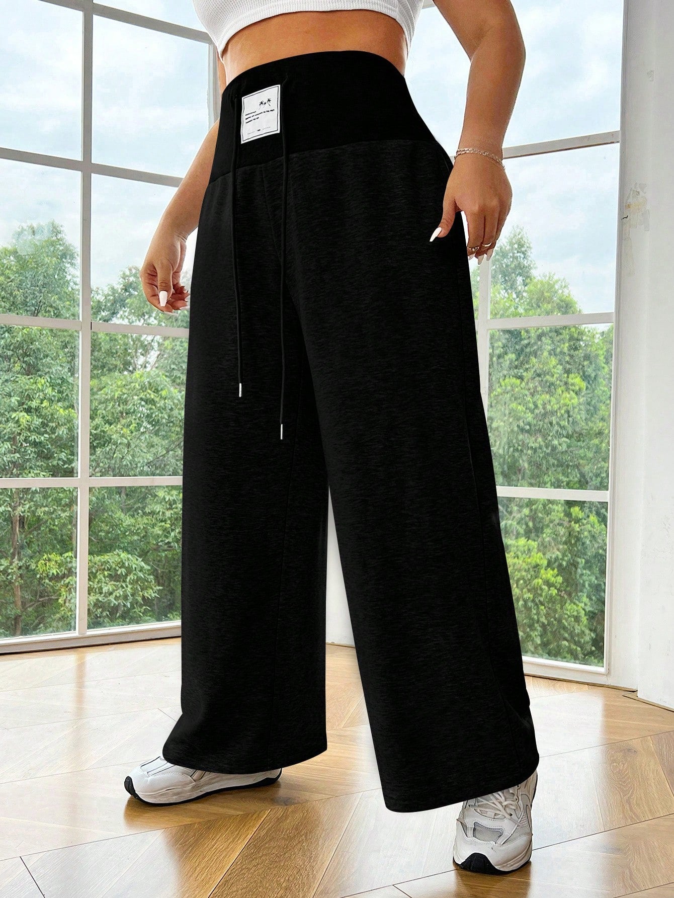 Black Knitted Ladies Plus Size Loose Wide Leg Letter Patterned Casual Pants