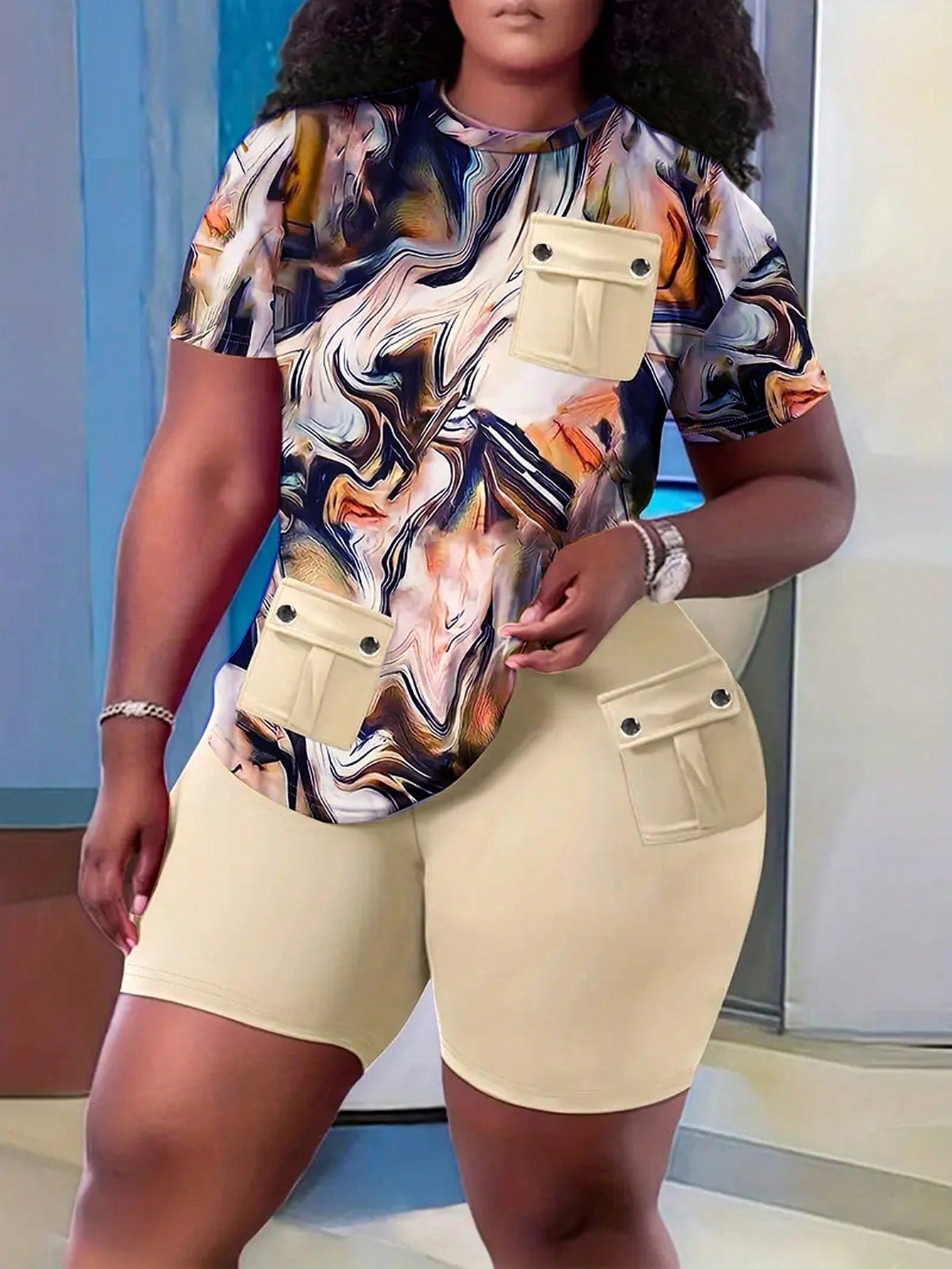 Plus Size Full Printed Short Sleeved Top And Shorts Set