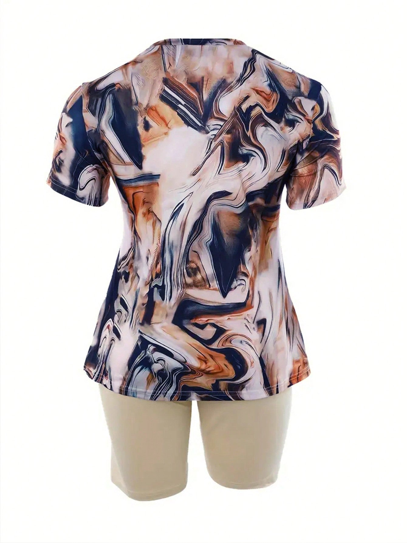 Plus Size Full Printed Short Sleeved Top And Shorts Set