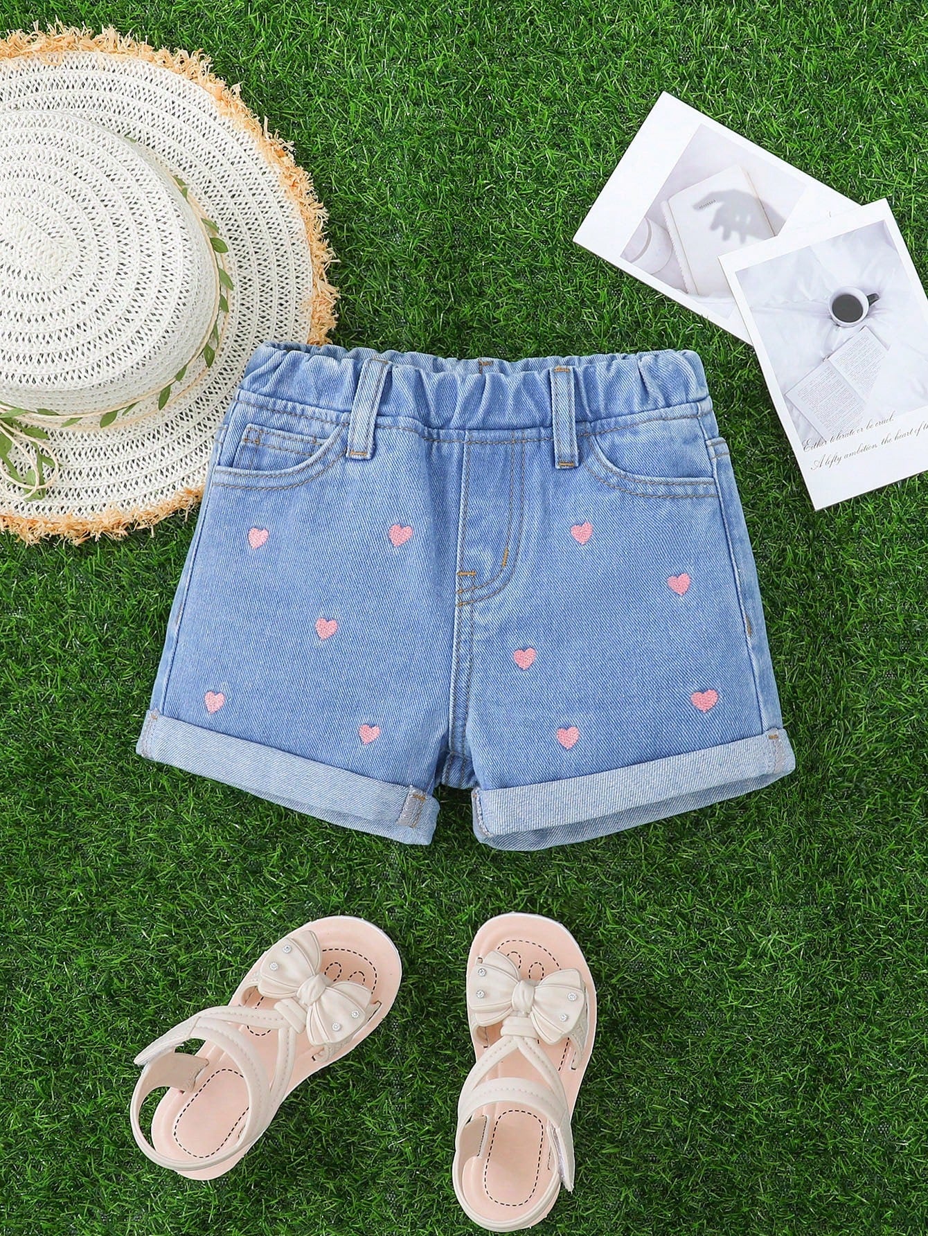 Young Girl Heart Embroidery Roll Up Hem Denim Shorts