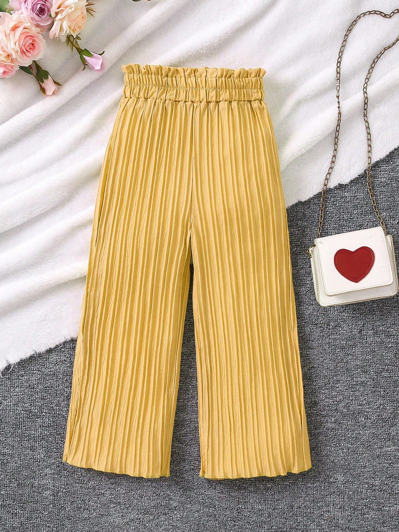 Young Girl Solid Color Elastic High Waisted Wide Leg Pants With Textured Finish