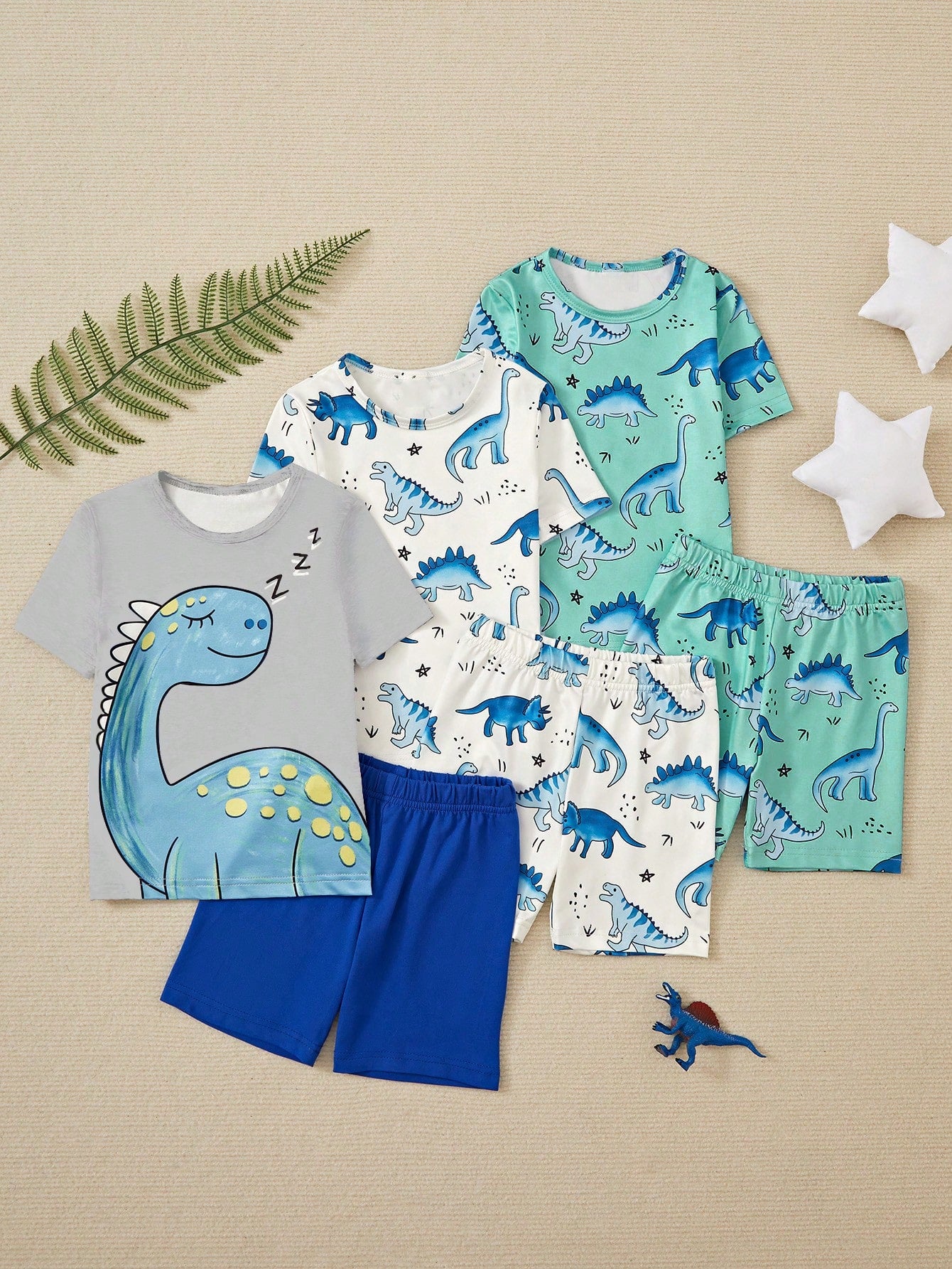 6pc Young Boys' Cute Cartoon Dinosaur Printed Round Neck Tight T-Shirt And Shorts Set Home Wear