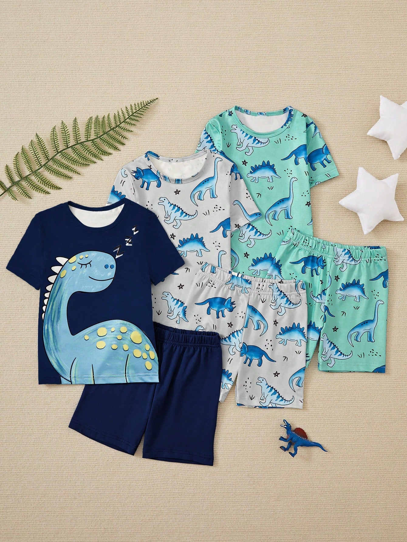 Young Boy 6pcs Cute Cartoon Dinosaur Printed Round Neck Snug Fit T-Shirt And Shorts Set, Home Wear