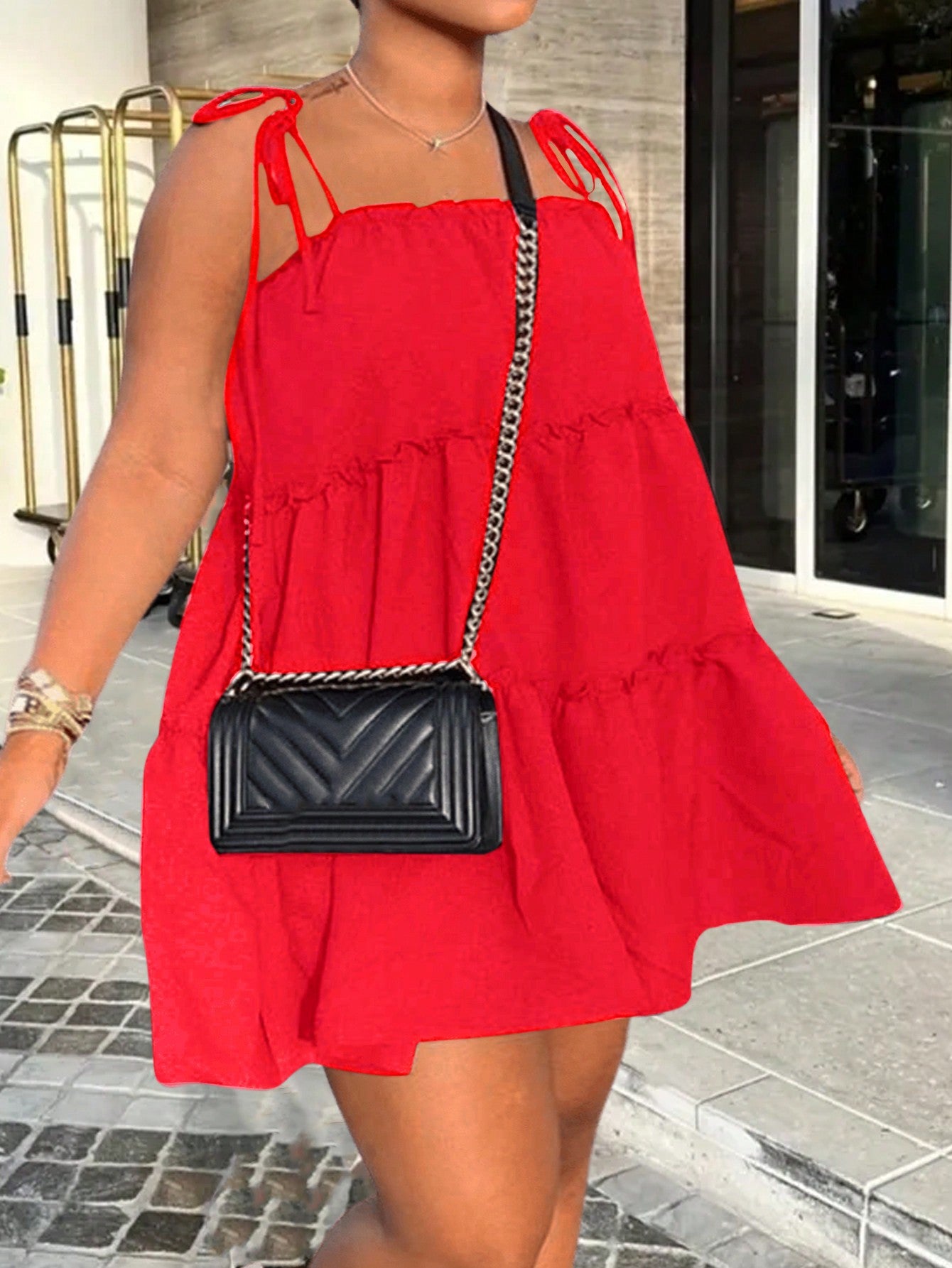 Plus Size Women's Summer Casual Loose A-Line Mini Dress With Multi-Layered Hem And Shoulder Straps