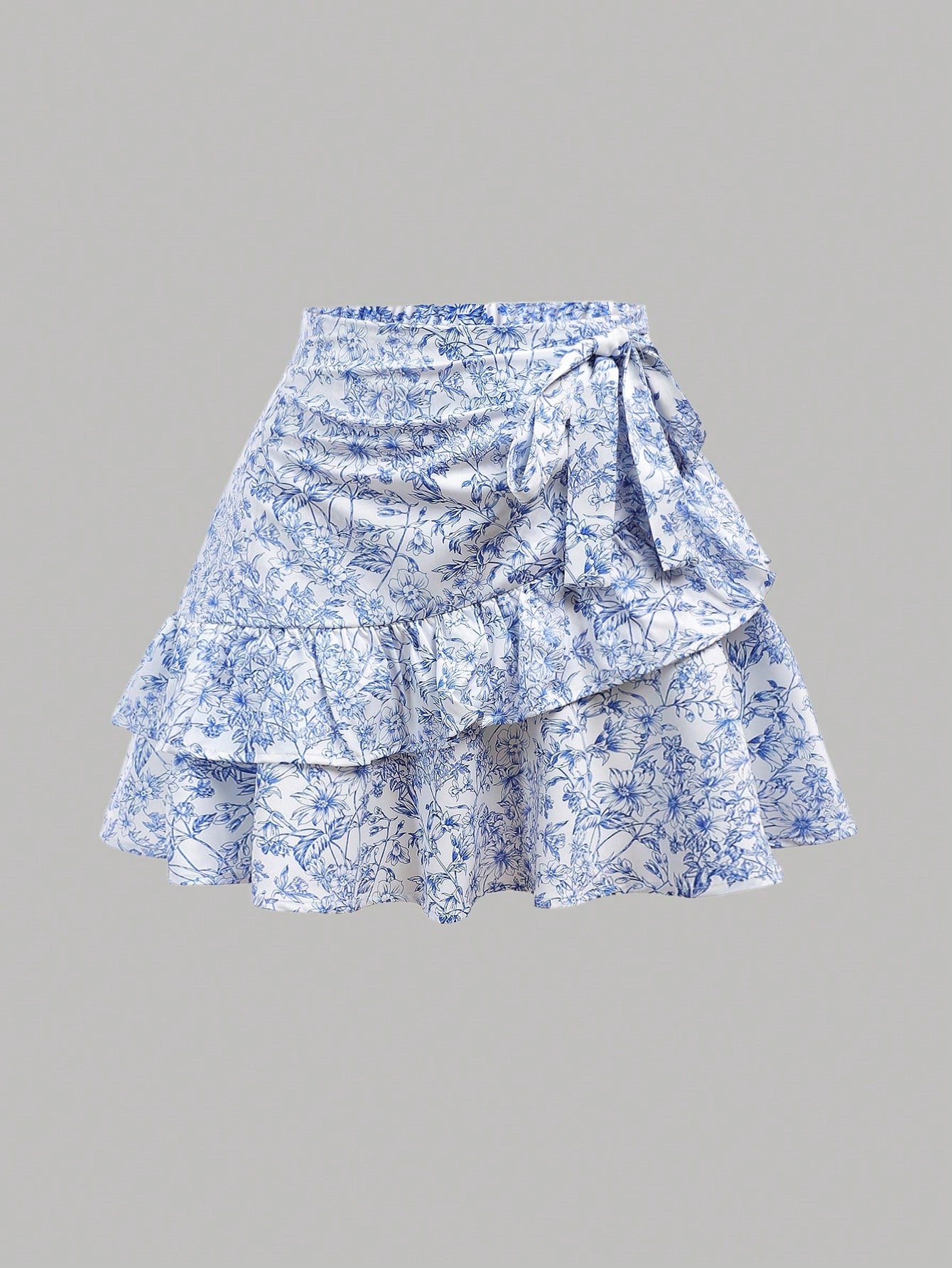 Teen Girl Blue & White Porcelain Printed Patchwork Skirt With Ruffle Hem For Holiday