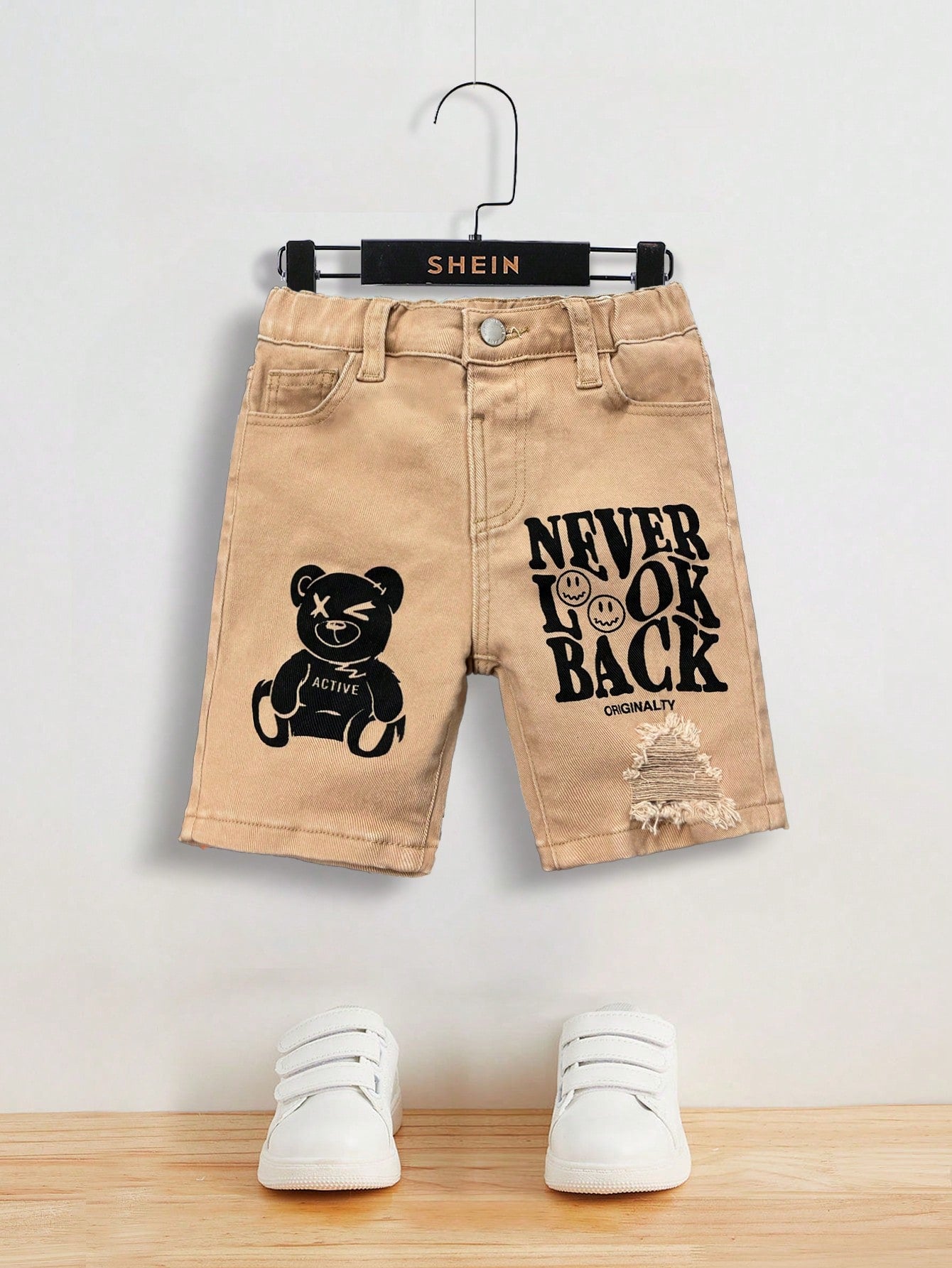 Young Boy Casual Comfortable & Soft,Cute Bear And Letter Printed High Stretch Denim Jeans Shorts For Summer Daily Wear