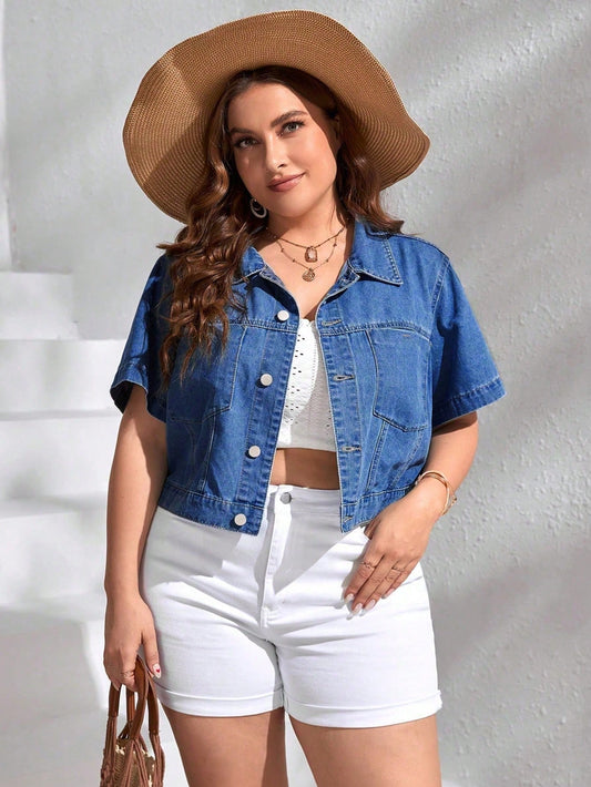 Plus Size Casual Vacation Match Short-Sleeved Denim Jacket For Spring And Summer