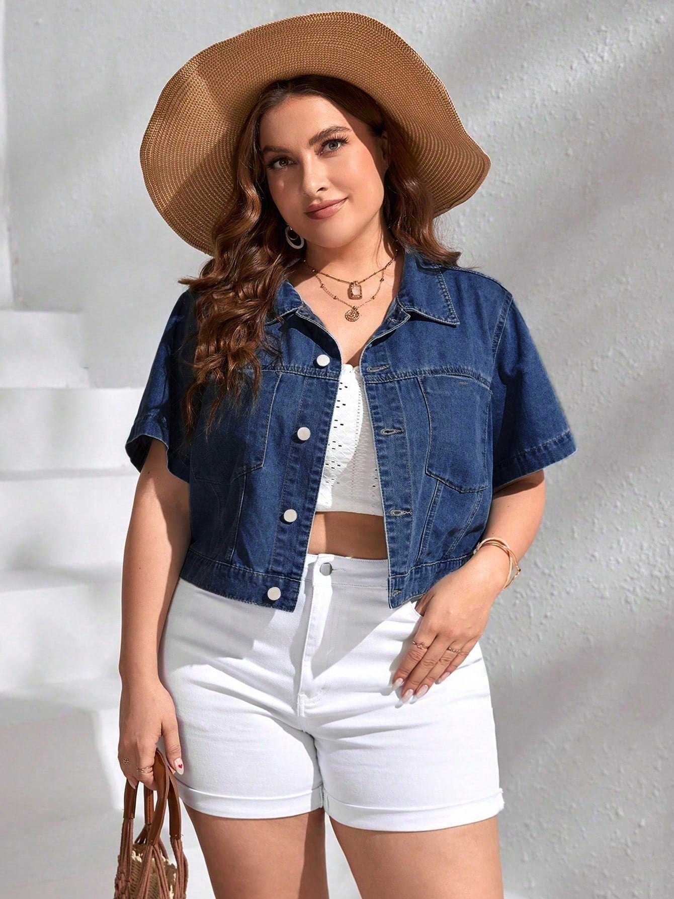 Plus Size Casual Vacation Match Short-Sleeved Denim Jacket For Spring And Summer