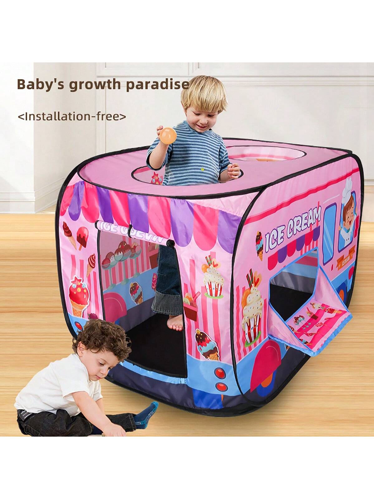 1pc Children's Tent With Portable Folding Deep Blue Police Car Design, For Indoor And Outdoor Play