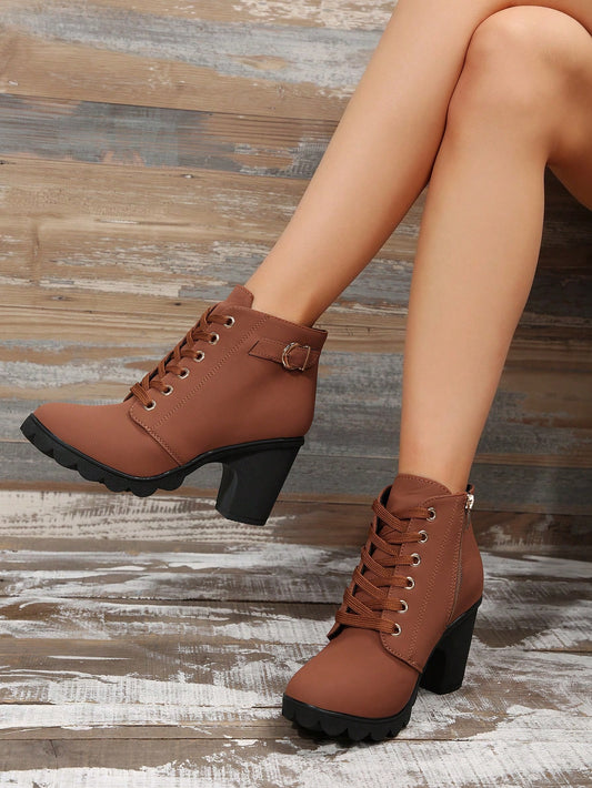 Women\ Ankle Boots And Short Boots, Brown, High Heels, Lace-Up, Side Zipper Design.