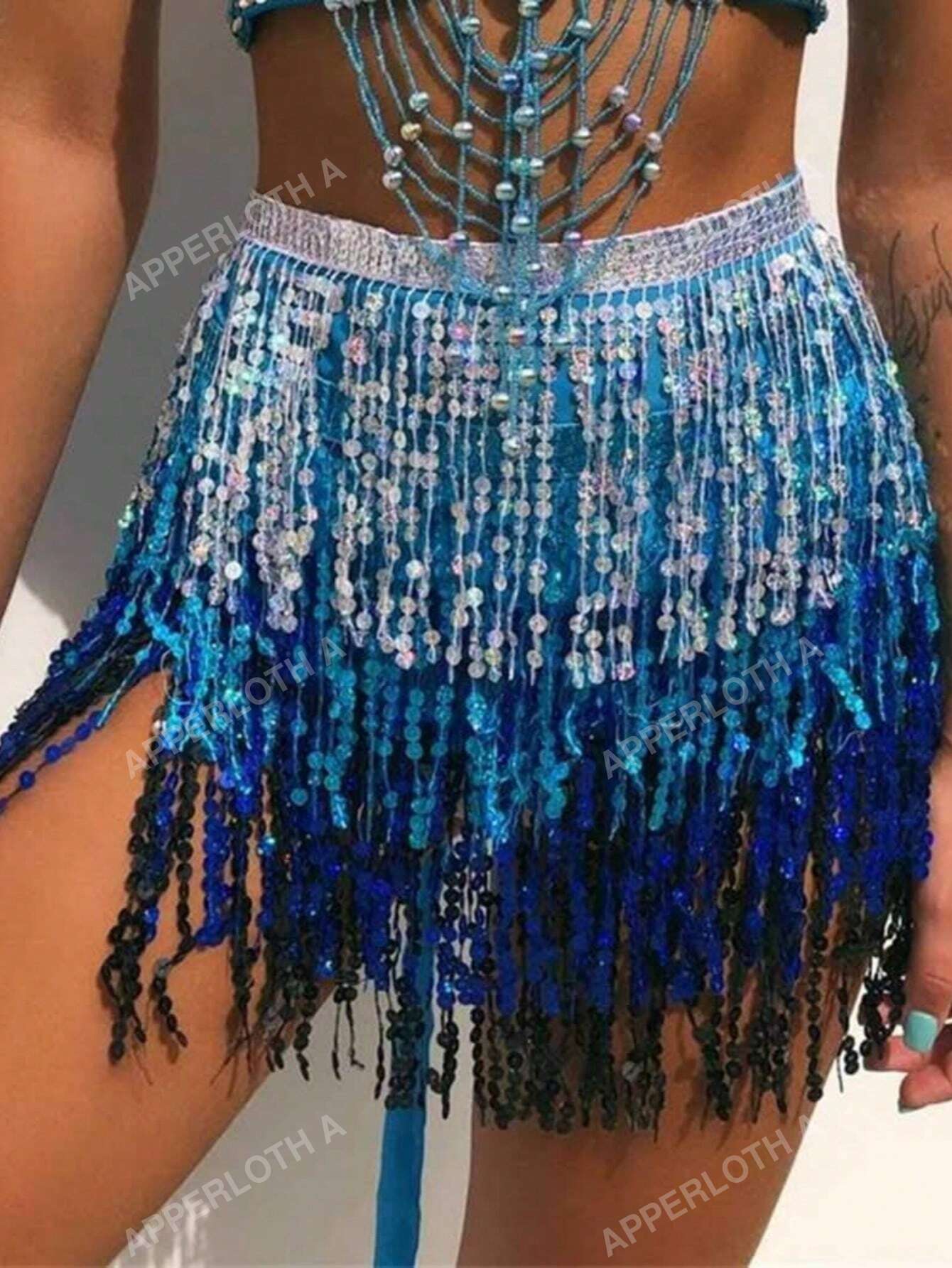 A Rave Sparkling Sequin Fringe Trim Shiny Ties Side Belly Dance Performance Mini Skirt